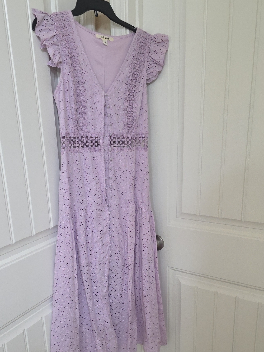 Lilac Eyelet Midi Dress with Lace Trim